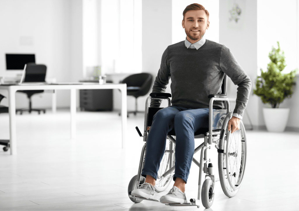 A wheelchair user doing weight shifts and using a pressure-relief cushion