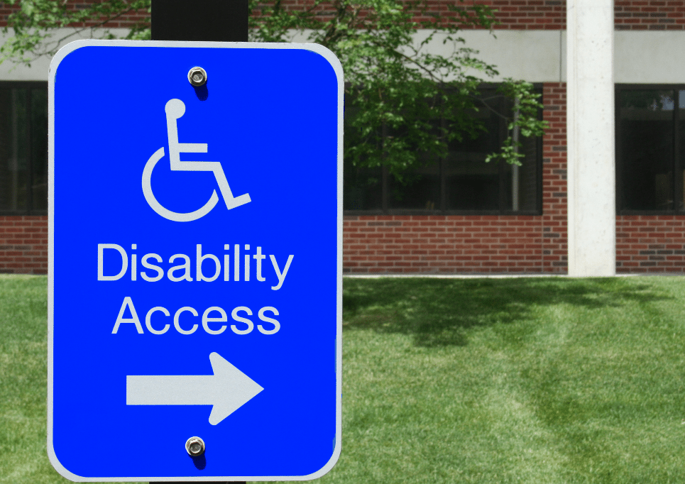 A clear signage indicating wheelchair accessible route at a public space for people with spinal cord injury 