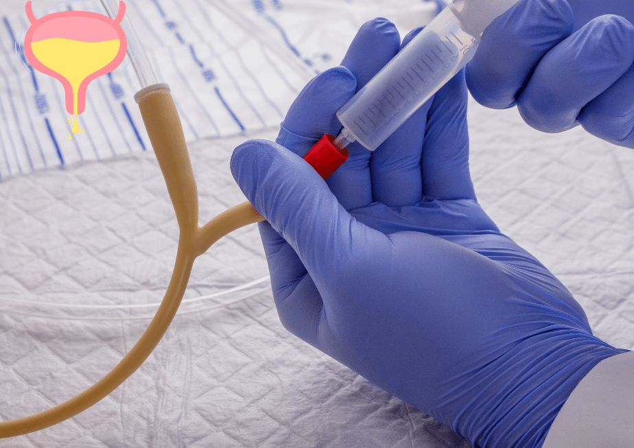 A healthcare professional assisting a spinal cord injury patient with a urinary catheter, illustrating the process of managing neurogenic bladder