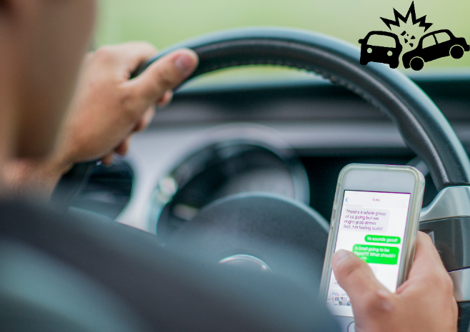 A person texting while driving a car with graphics of a car crash, emphasizing the dangers of distracted driving