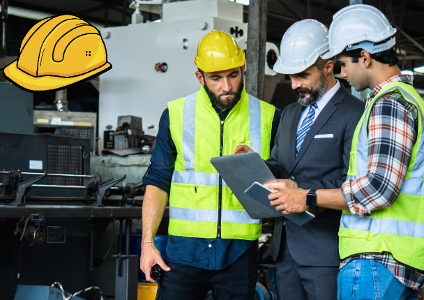 Workers at a construction site wearing safety helmets, which are personal protective equipments for preventing spinal cord injuries.