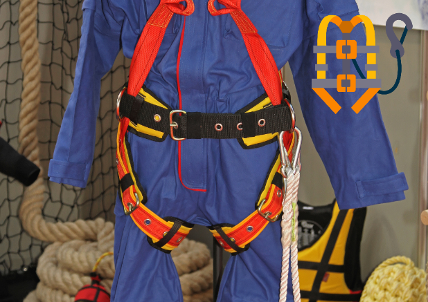 A worker wearing safety harness to prevent falls and spinal cord injuries